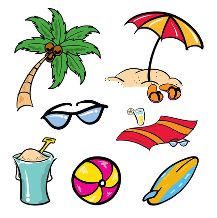 Various cartoon beach aquatic tropical itemsのイラスト素材