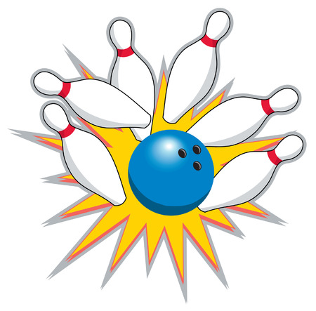 An Illustration of a bowling ball knocking over pinsのイラスト素材