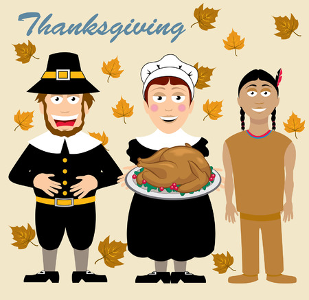 An Illustration of a pair of pilgrims and indianのイラスト素材