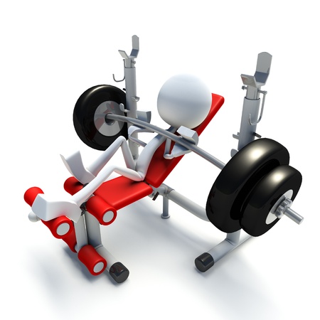 3D character doing bench press isolated on white backgroundの写真素材