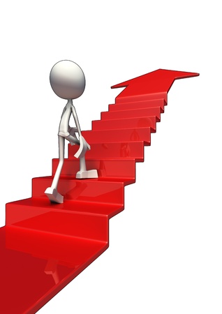 White character walking on red staircase to success, isolated on white background.の写真素材