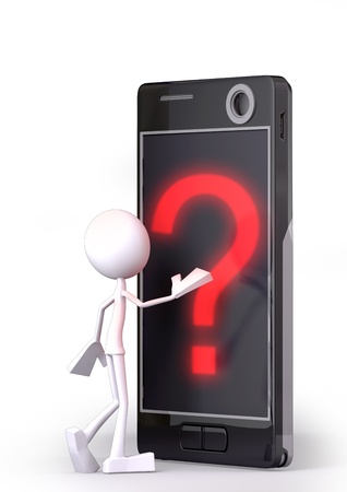 Black cellphone with red question mark, and white character on white backgroundの写真素材