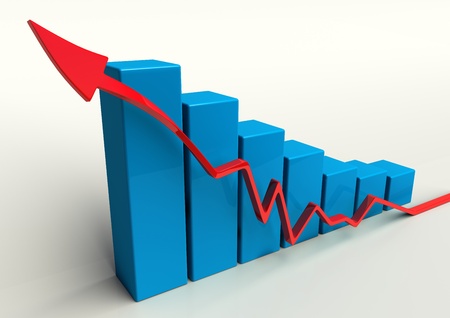 blue 3D bar chart with red arrow isolated on white backgroundの写真素材