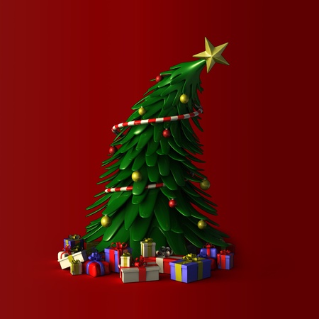 Green colorful christmas tree and presents made in 3D software.の写真素材
