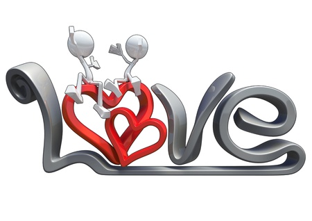 Characters hugging on the word of love, made in 3D software, isolated on white background.の写真素材