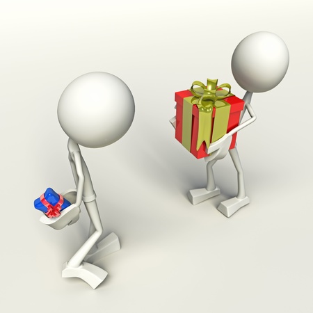3D characters exchanging presents, isolated on white background.の写真素材