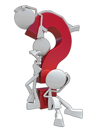 Three characters surounding questionmark, made in 3D software, isolated on white background.の写真素材