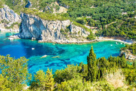 Beautiful aerial view of Greece Corfu Bay - Paleokastritsa. HD wallpaper, 4k Green background, Without people.の写真素材