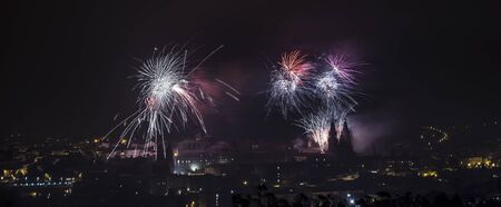 Fireworks in Santiago de Compostela, Spain, on July 25th, the day of the Apostle Saint James, patron saint of Galiciaの写真素材