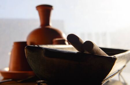 jug, cup and bowl made of clayの写真素材