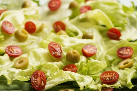 lettuce salad, cherry tomatoes and green olives.の写真素材