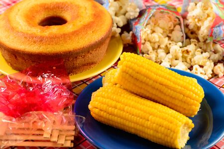 Candy of june party on chess table clothの写真素材