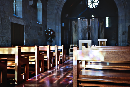 Church room with wooden chairs with old look design with stone wallsのeditorial素材