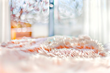 Wool bed sheet on the bed close up and detailed image which spread by sunlightの写真素材
