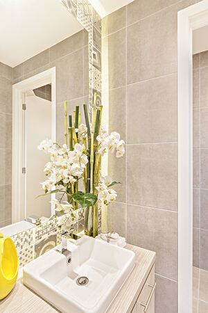 Modern washstand and the taps in the washroom interior under the light illumination on the mirror and flowers with green leavesの写真素材