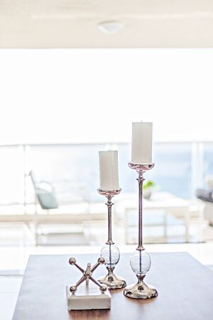 Minimalist table dÃ©cor with a balcony at the backの写真素材