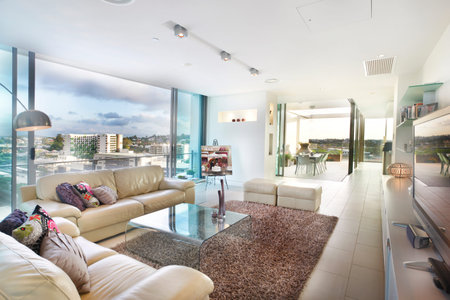 Modern living area with expensive sofa, comfortable furnitures and designs, walls are white color,...