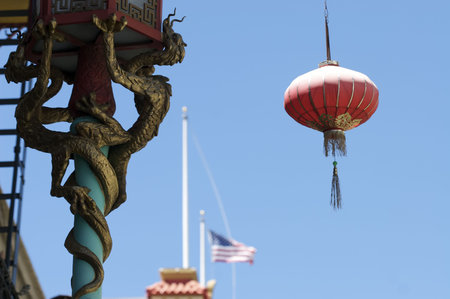 An abstract shot of a dragon and lamp in China Town, San Francisco.の写真素材