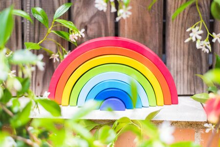 Gay pride flag on stone and flowering plantsの写真素材