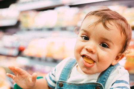 close-up of 18-month-old child in supermarket with unfocused background and eating bread
