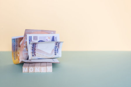 with wooden stamps the word money is formed below of several banknotes