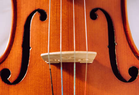 close-up of F's and violin bridge.Violin parts on a white marble background. Selective focus.の写真素材