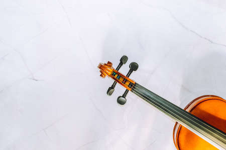 close-up of F's and violin bridge.Violin parts on a white marble background. Selective focus.の写真素材