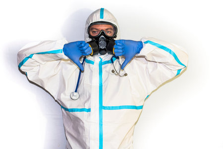 doctor with protective suit for covid19 with laboratory equipment. White background.