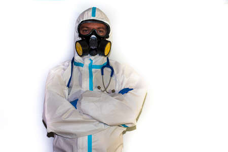 doctor with protective suit for covid19 with laboratory equipment. White background.の写真素材