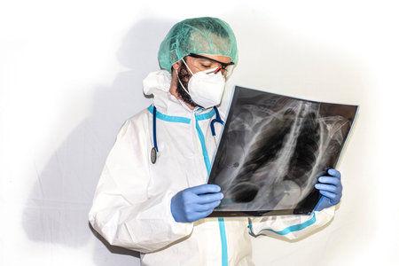doctor with protective suit for covid19 with laboratory equipment. White background.