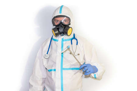 doctor with protective suit for covid19 with laboratory equipment. White background.の写真素材