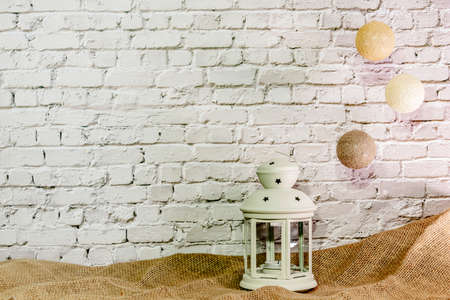 Christmas wallpaper white brick wall with accessoriesの写真素材