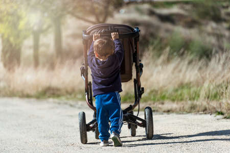 Child pushing pram in nature walkの写真素材