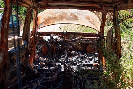 Abandoned and burned car in the middle of the forestの写真素材
