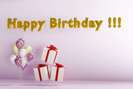 Happy birthday greeting in 3d with balloons, gifts and caption.の写真素材