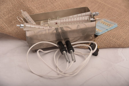 Antique glass syringe with reusable needle. white background.