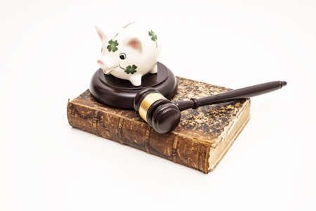 Piggy bank on judge's gavel. Savings concept with security.の写真素材