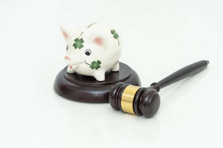 Piggy bank on judge's gavel. Savings concept with security.の写真素材