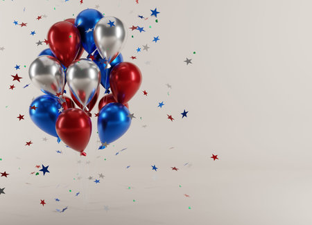 4th of July party. balloons with falling stars in 3d illustrationの写真素材