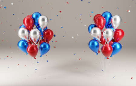 4th of July party. balloons with falling stars in 3d illustrationの写真素材