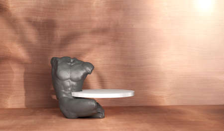 Stone product display podium with shadow nature leaves on brown background. 3d renderingの写真素材