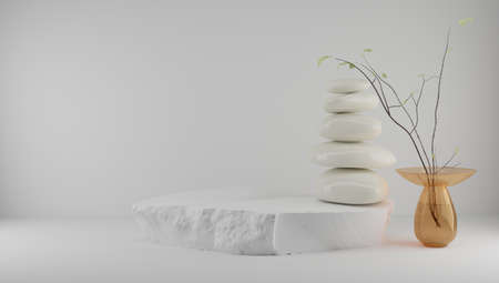 Podium for product display with feng shui japandi style light background with stones and plants. 3d rendering.の写真素材