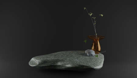 Podium for product display with dark background in feng shui style with stones and plants. 3d rendering.の写真素材