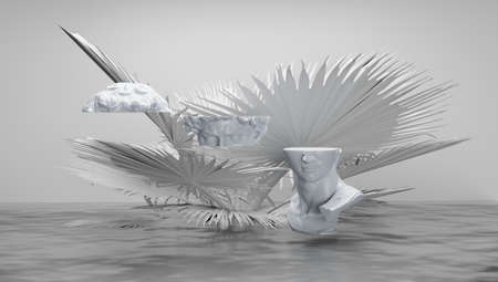 3d rendering. Podium for product display in light colors. Cross section of statue with plants in the background.の写真素材