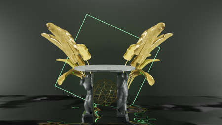 3d rendering. Podium for product display in dark and gold color. Statue cross section with plants in the background.の写真素材