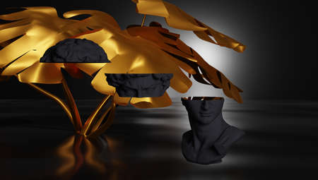 Podium for product display in dark and gold color. Statue cross section with plants in the background.の写真素材