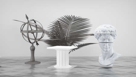 Podium for product display in light colors. Cross section of statue with plants in the background.の写真素材
