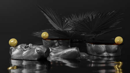 3d rendering. Podium for product display in dark and gold color. Statue cross section with plants in the background.の写真素材