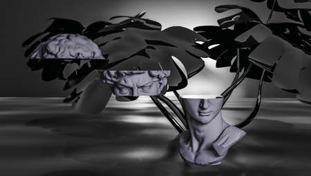 3d rendering. Podium for product display in dark color. Statue cross section with plants in the background.の写真素材