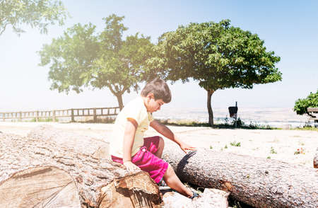 Child climbing on cut trees on a nature walkの写真素材
